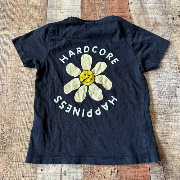 Black Denim & Flower Kids T-Shirt Smiley Face Hardcore Happiness Print Size 5/6 - Picture 8 of 8